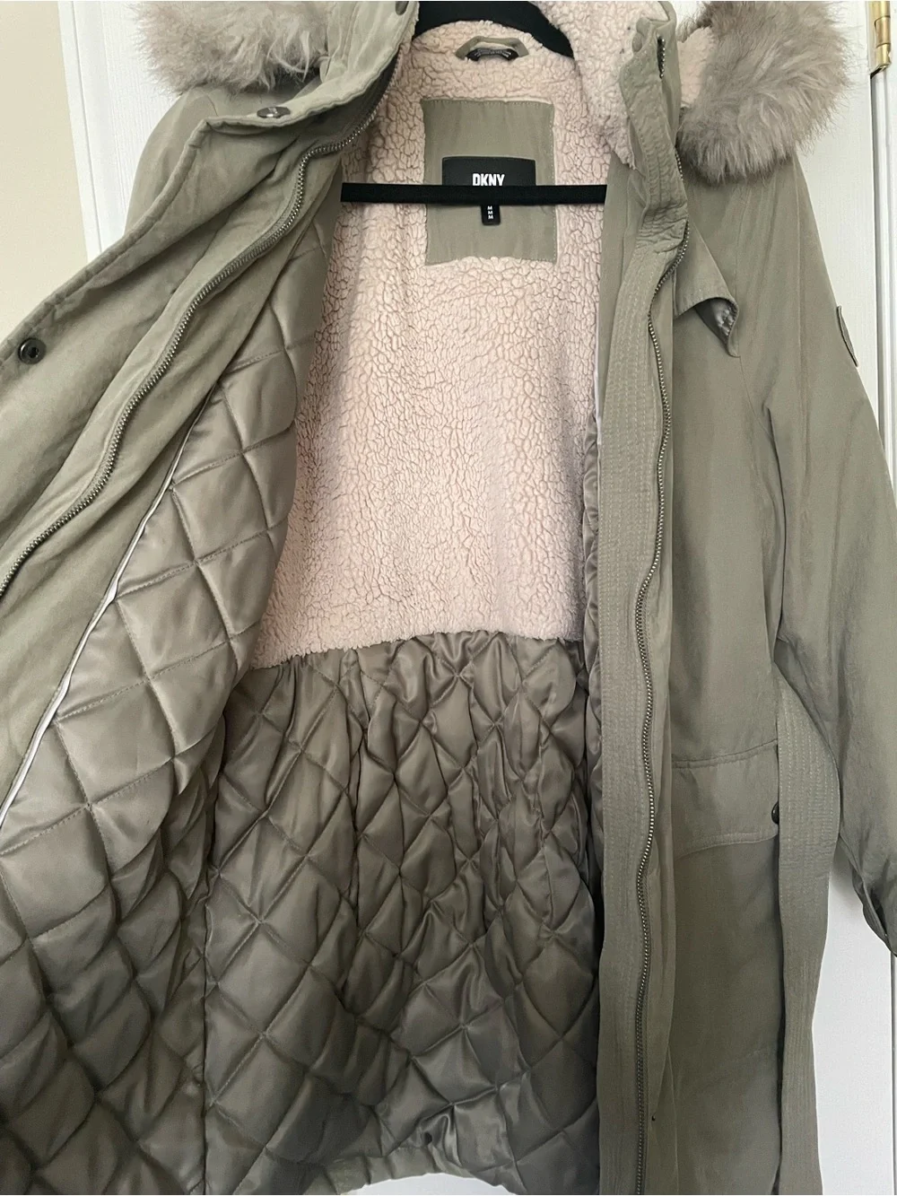 DKNY Olive Green Parka Coat‎ with Faux Fur Hood